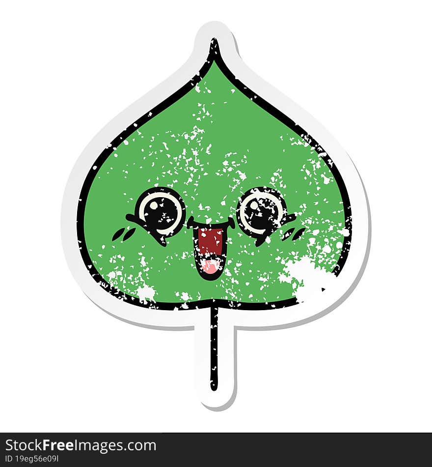 Distressed Sticker Of A Cute Cartoon Expressional Leaf