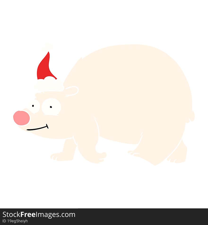 flat color illustration of a walking polar bear wearing santa hat