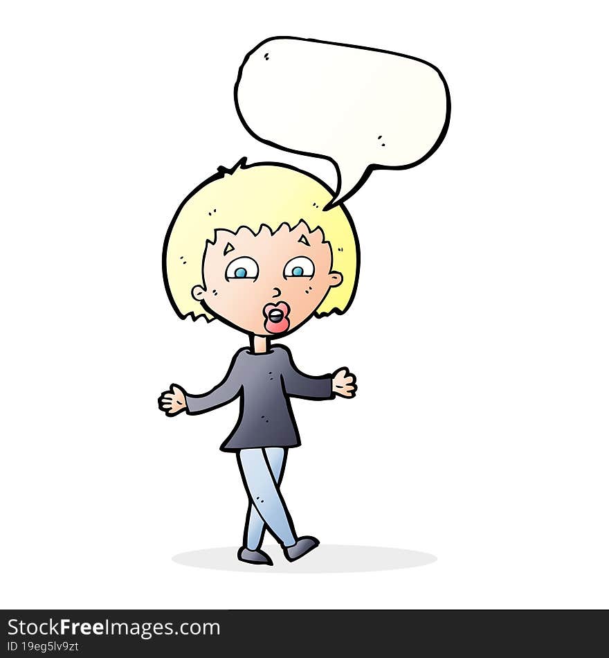 cartoon woman shrugging shoulders with speech bubble