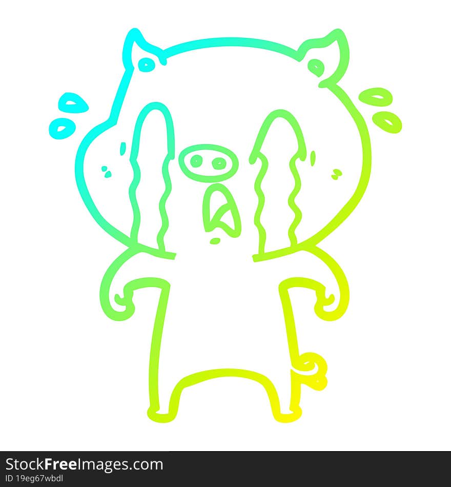 cold gradient line drawing of a crying pig cartoon