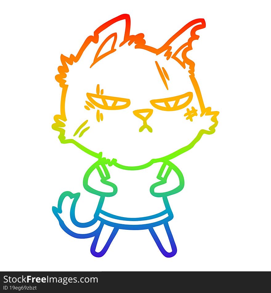 Rainbow Gradient Line Drawing Tough Cartoon Cat