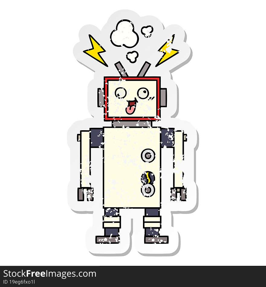 distressed sticker of a cute cartoon crazy broken robot