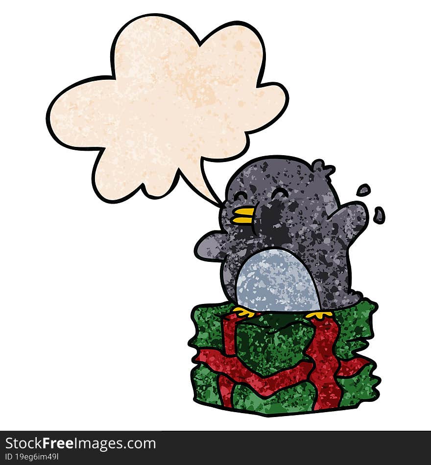 Cartoon Penguin On Wrapped Present And Speech Bubble In Retro Texture Style