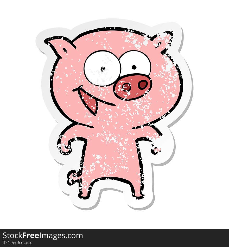 distressed sticker of a cheerful pig cartoon