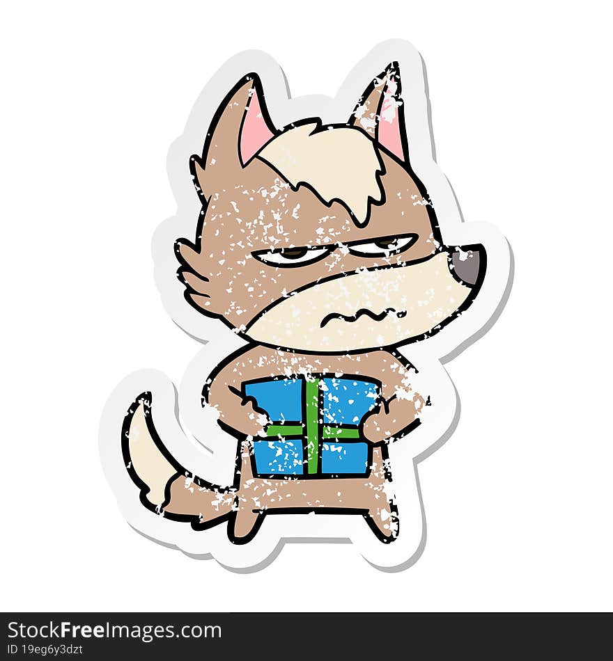 distressed sticker of a cartoon annoyed wolf