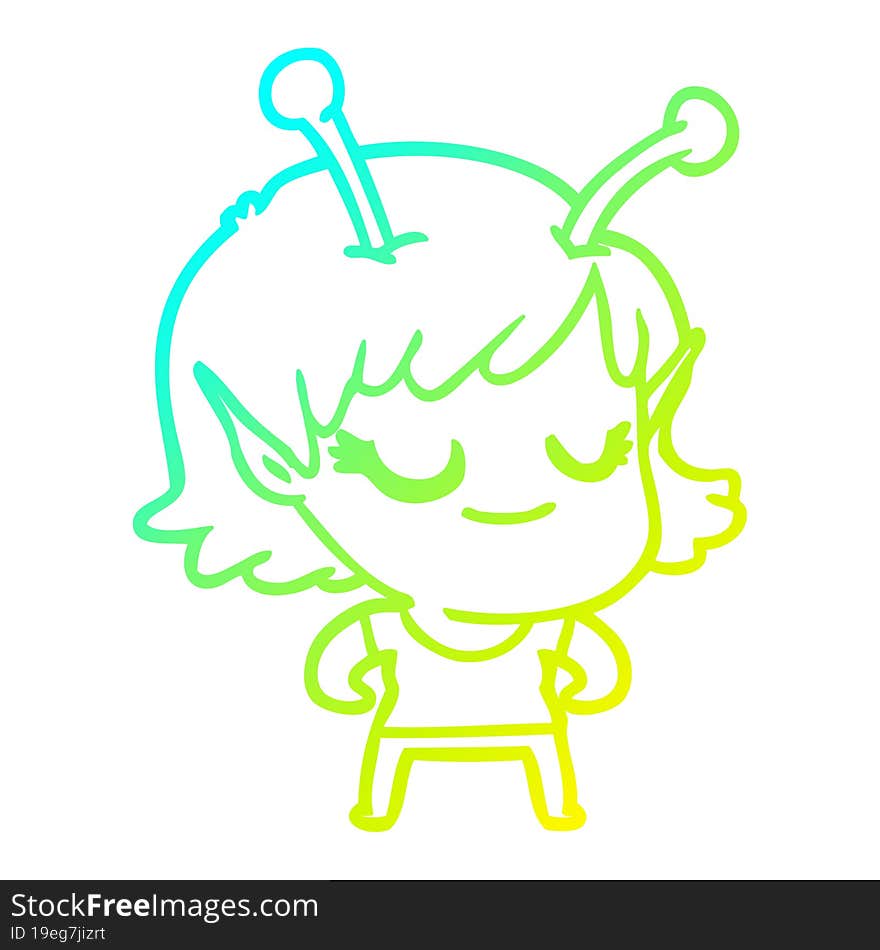 cold gradient line drawing smiling alien girl cartoon