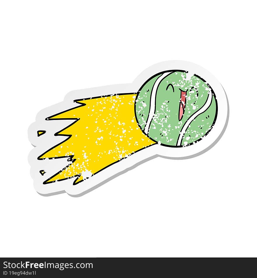 distressed sticker of a flying tennis ball cartoon