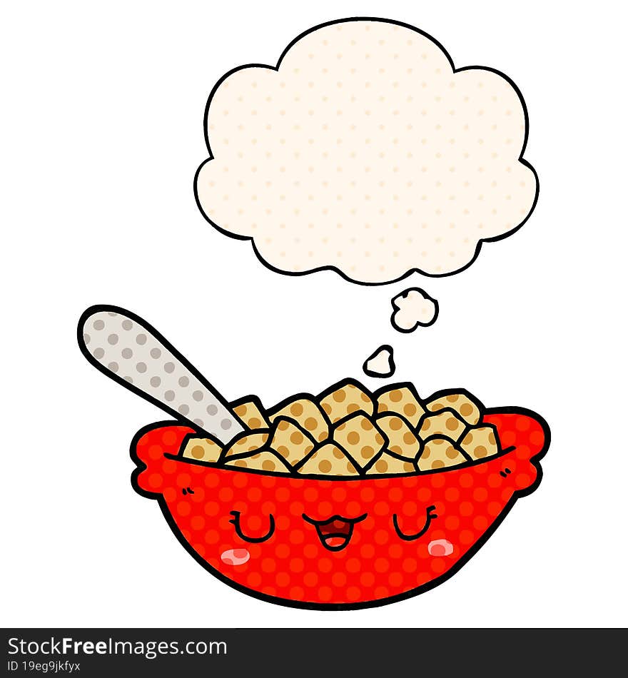 cute cartoon bowl of cereal with thought bubble in comic book style