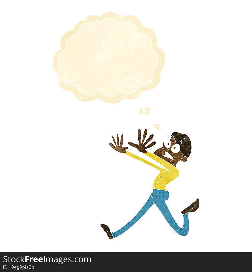 cartoon man running away with thought bubble