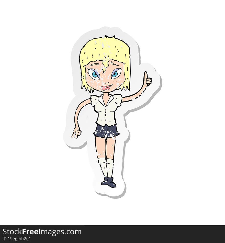 retro distressed sticker of a cartoon woman making point