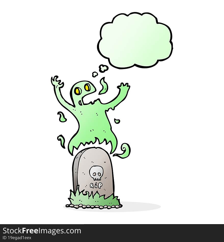 cartoon ghost rising from grave with thought bubble