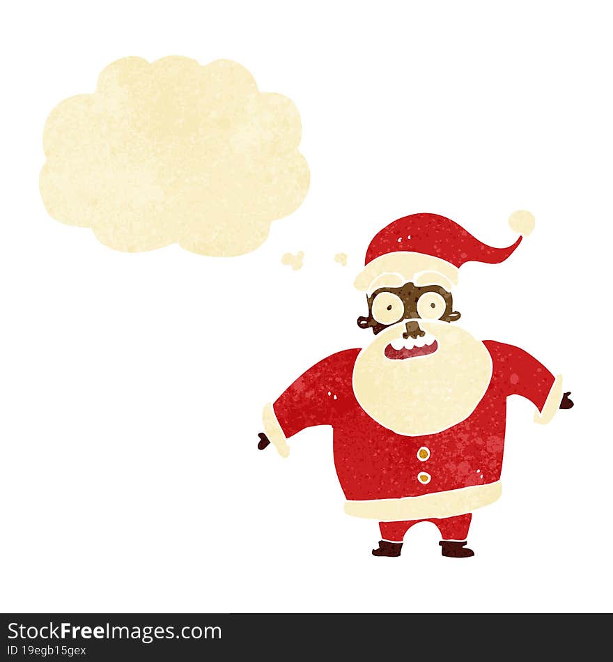 cartoon shocked santa claus with thought bubble