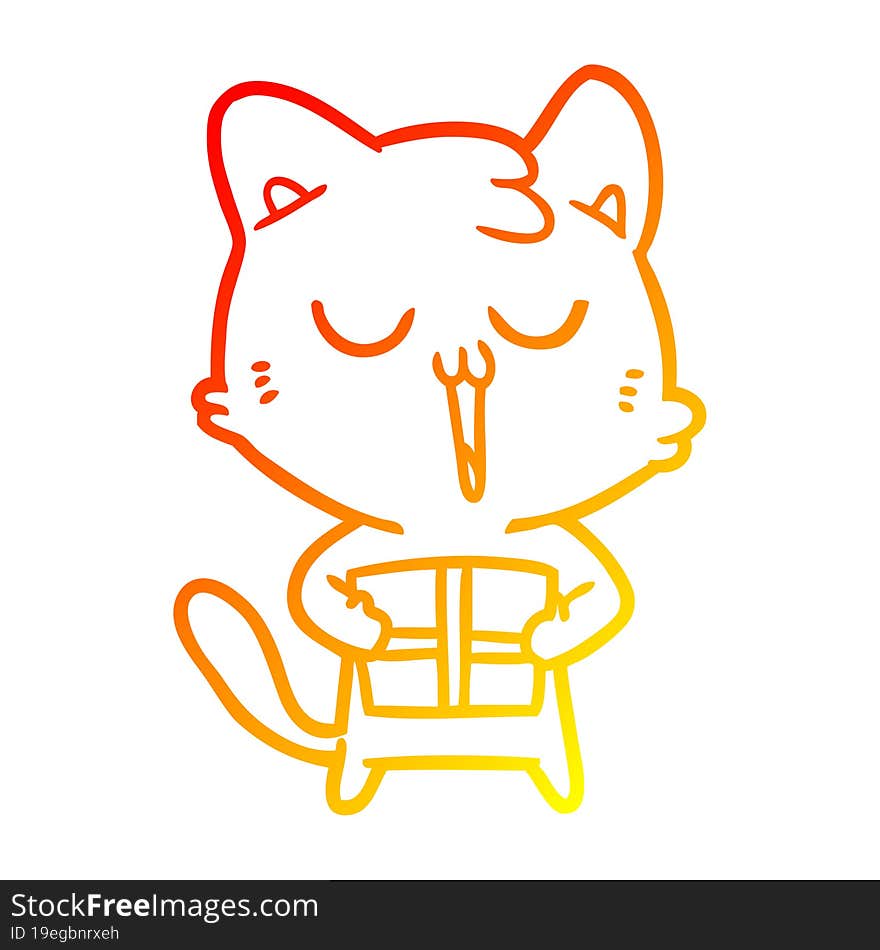 warm gradient line drawing cartoon cat with present