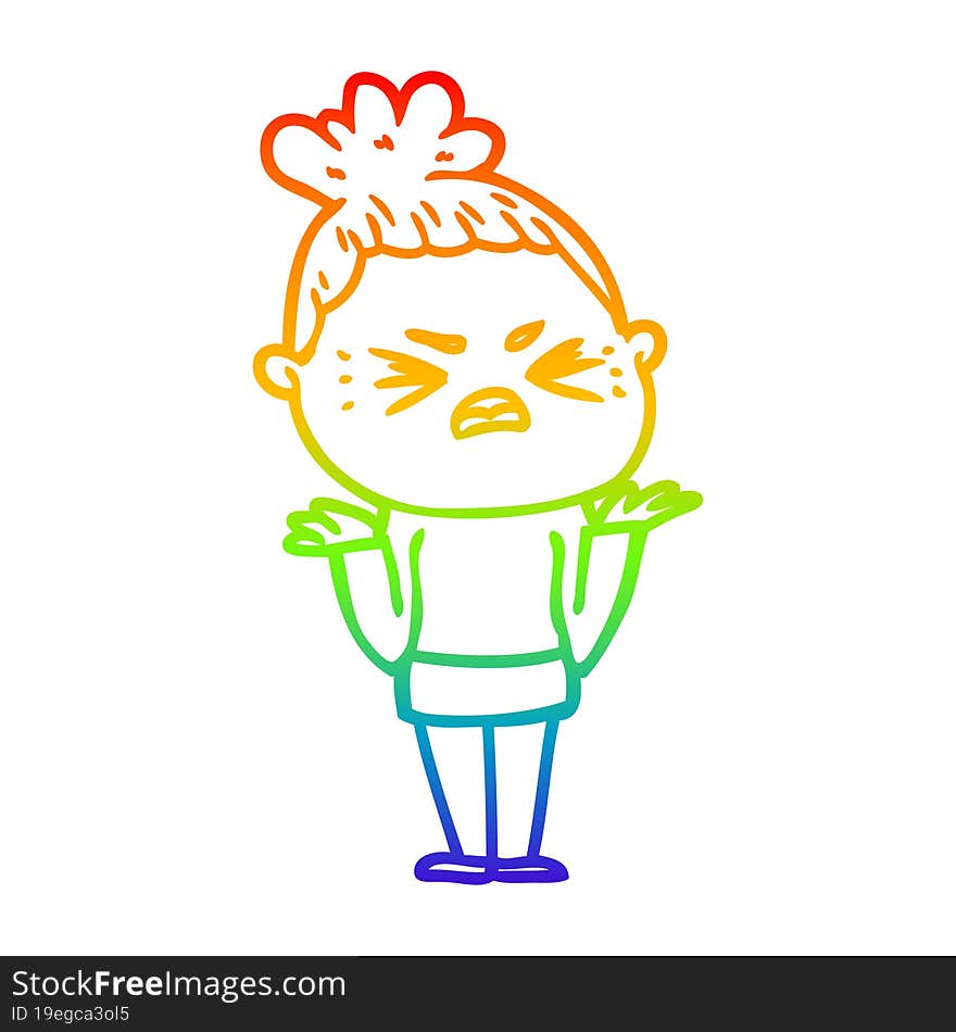 rainbow gradient line drawing of a cartoon angry woman