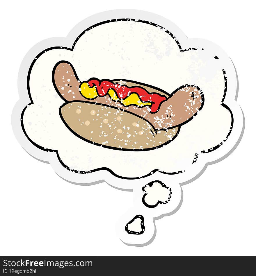 cartoon hot dog and thought bubble as a distressed worn sticker