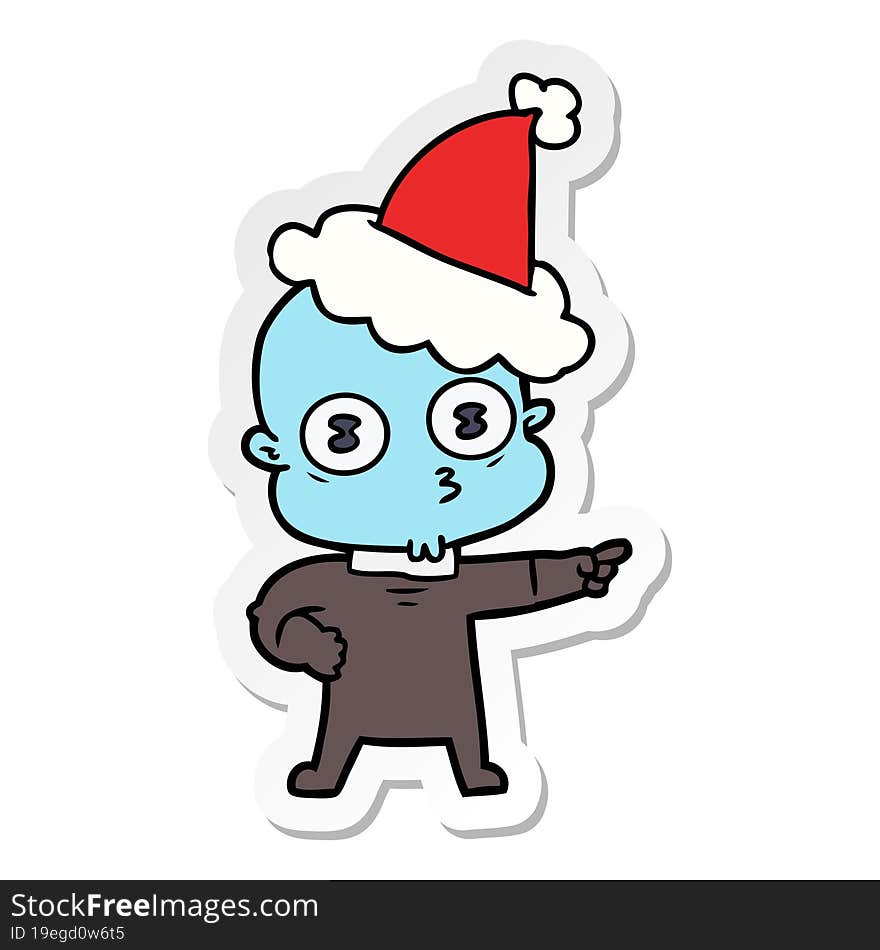 Sticker Cartoon Of A Weird Bald Spaceman Wearing Santa Hat