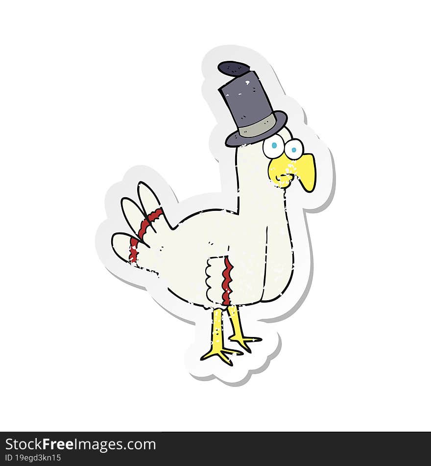 Retro Distressed Sticker Of A Cartoon Bird Wearing Top Hat