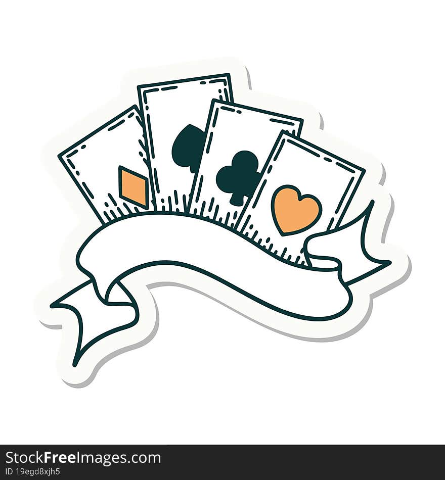 Tattoo Style Sticker Of Cards And Banner