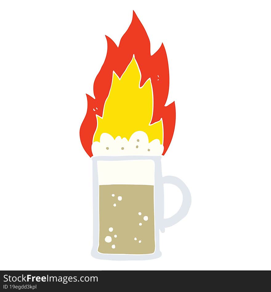 flat color illustration of a cartoon flaming tankard of beer