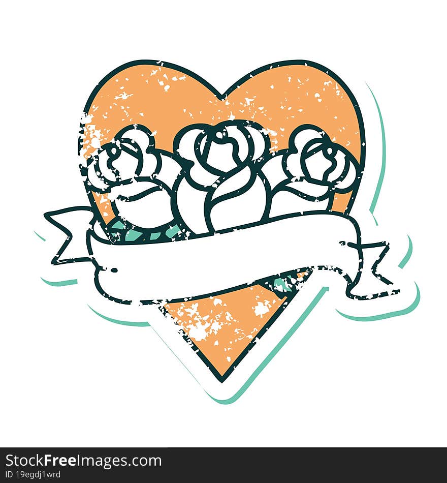 Distressed Sticker Tattoo Style Icon Of A Heart And Banner With Flowers