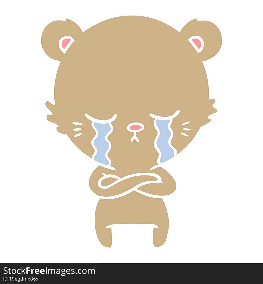 crying flat color style cartoon bear with folded arms