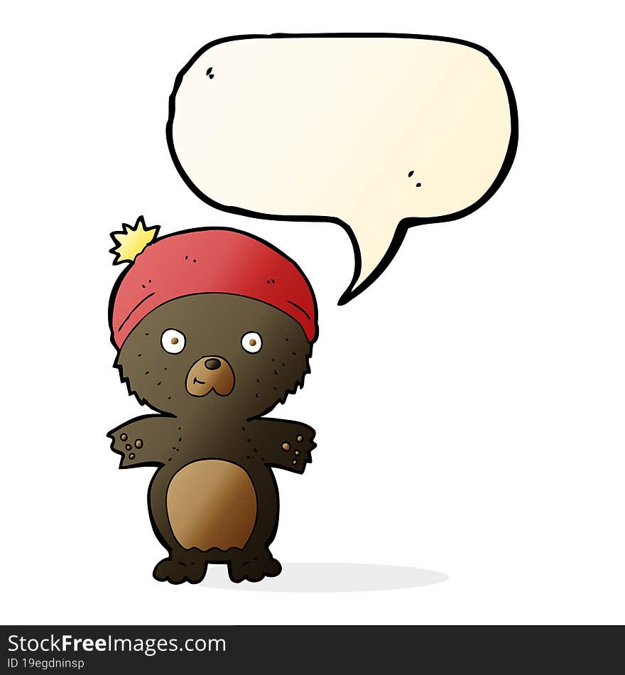 cartoon cute black bear in hat with speech bubble