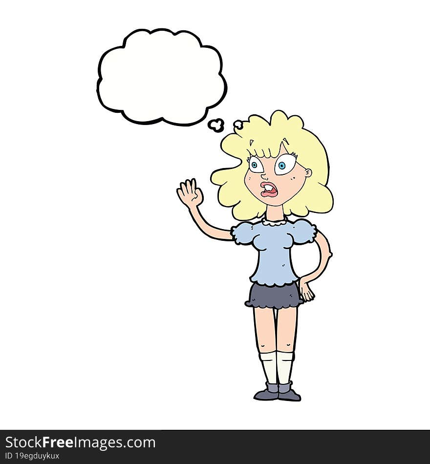 cartoon worried woman waving with thought bubble