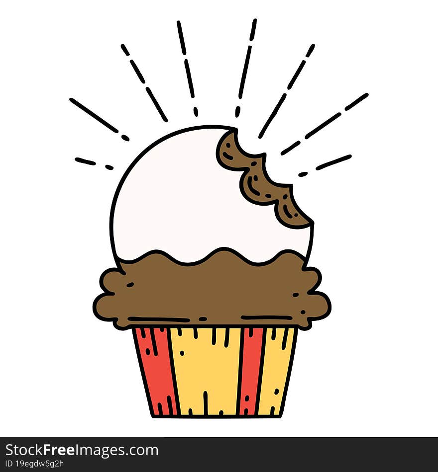 illustration of a traditional tattoo style cupcake with missing bite