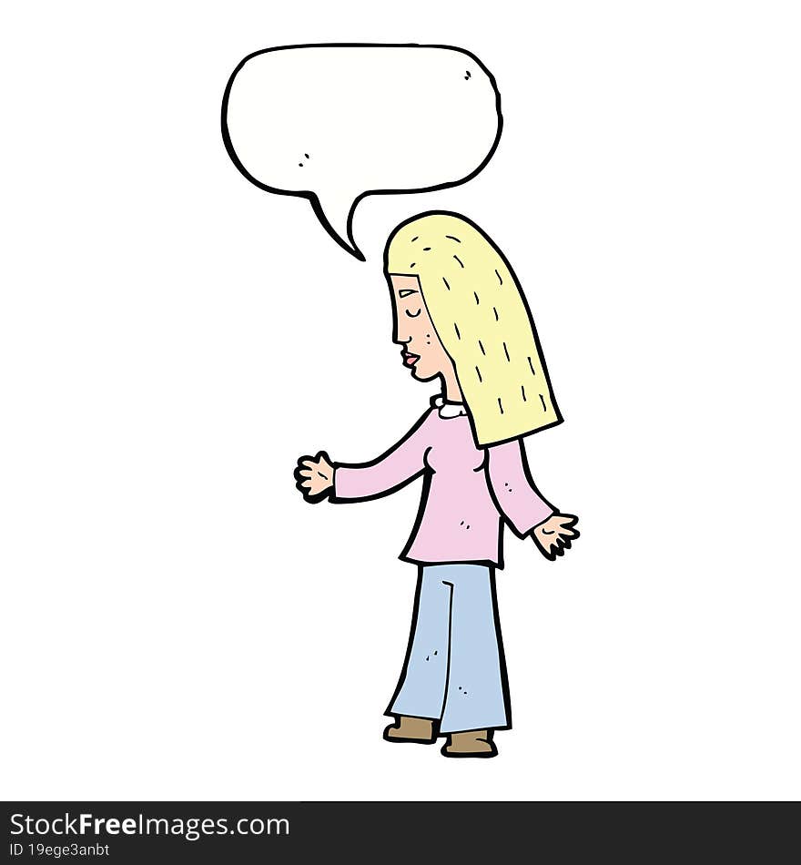 cartoon woman with open arms with speech bubble