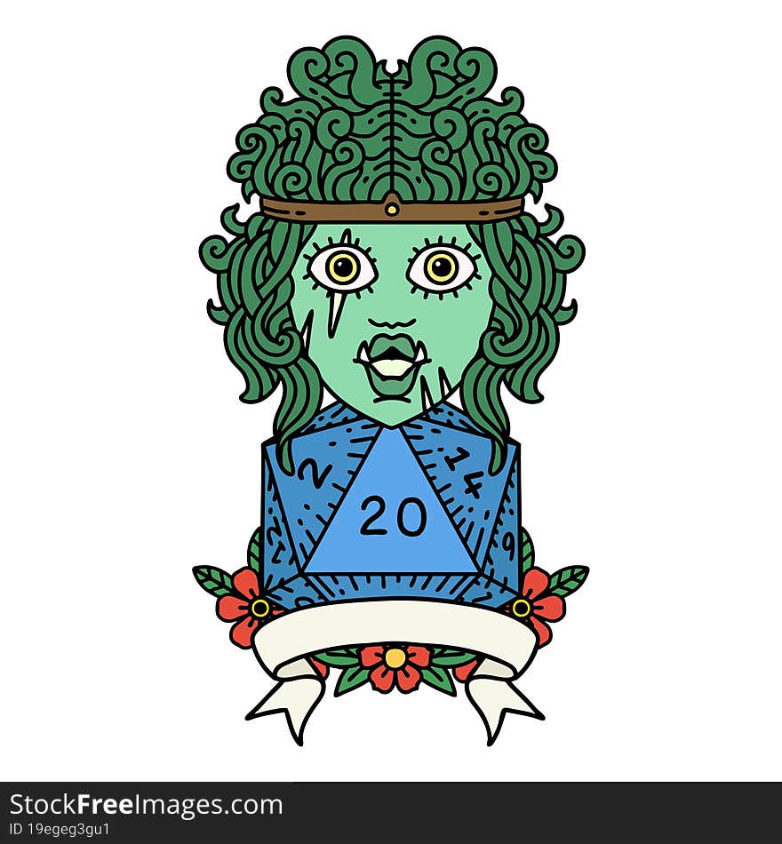 half orc barbarian character with natural 20 dice roll illustration