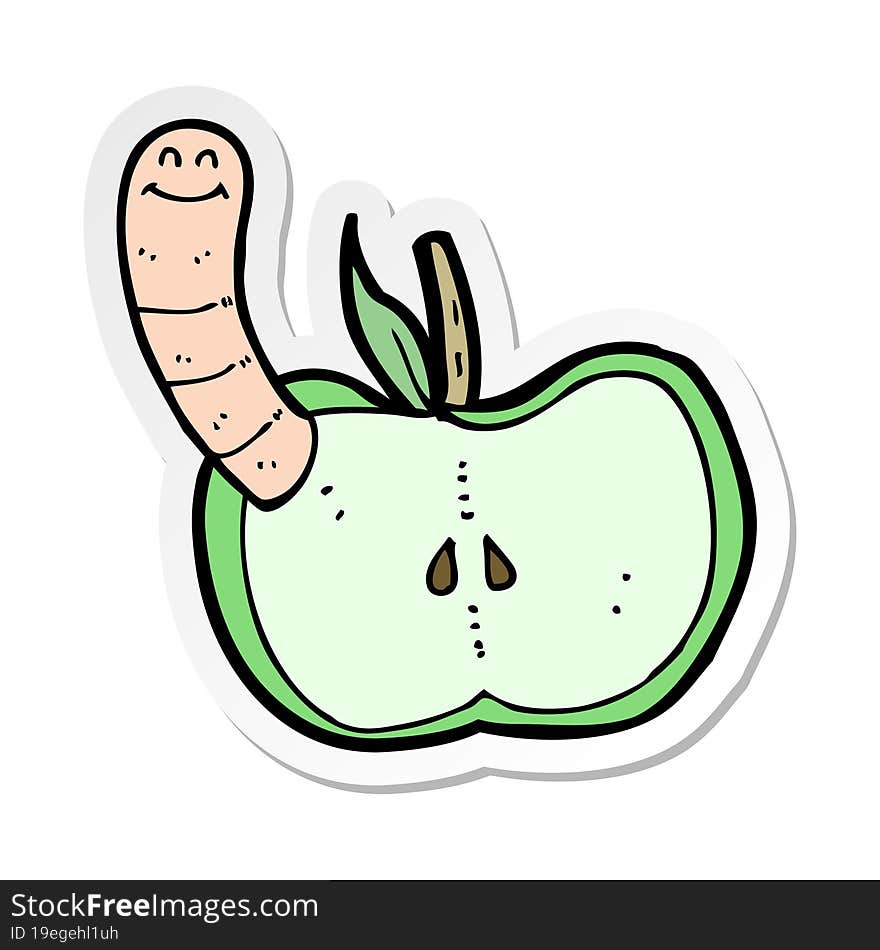 sticker of a cartoon apple with worm