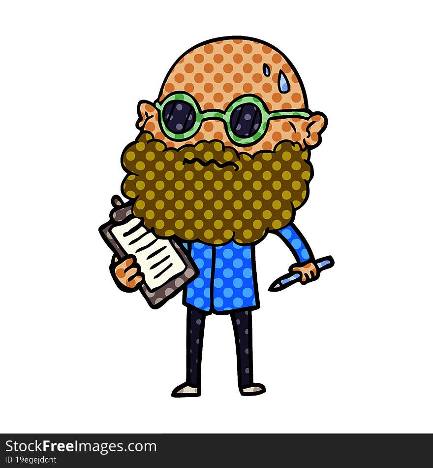 cartoon worried man with beard and sunglasses taking survey. cartoon worried man with beard and sunglasses taking survey