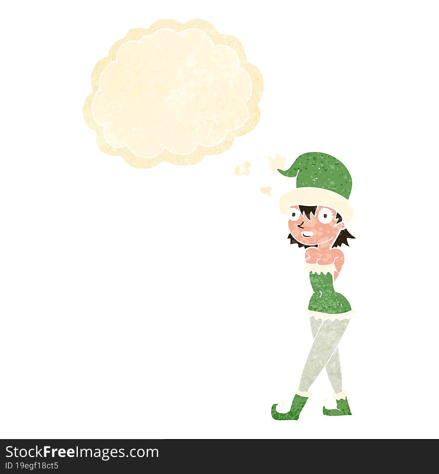 cartoon woman in christmas elf costume with thought bubble