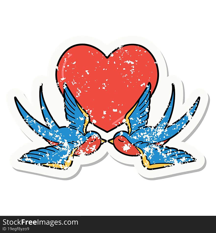 Traditional Distressed Sticker Tattoo Of A Swallows And A Heart