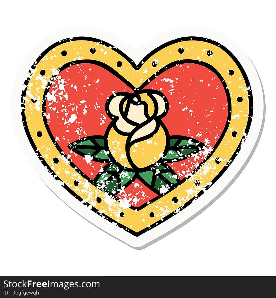 distressed sticker tattoo in traditional style of a heart and flowers. distressed sticker tattoo in traditional style of a heart and flowers