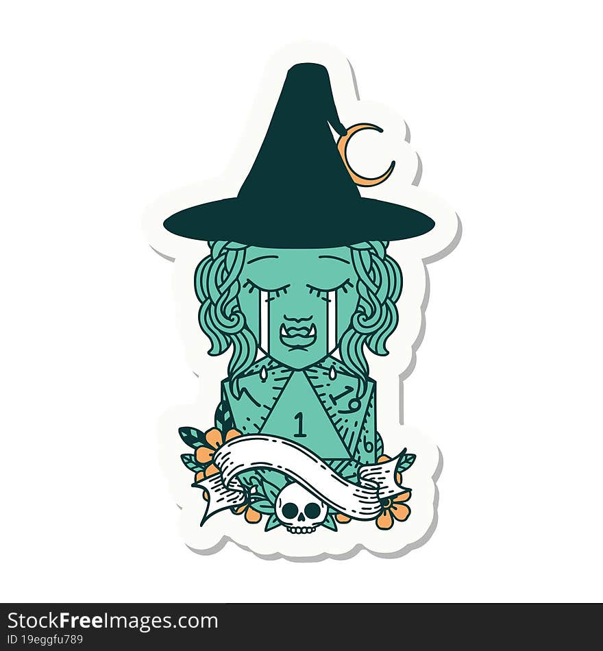 Crying Half Orc Witch Character Face With Natural One D20 Dice Roll Sticker