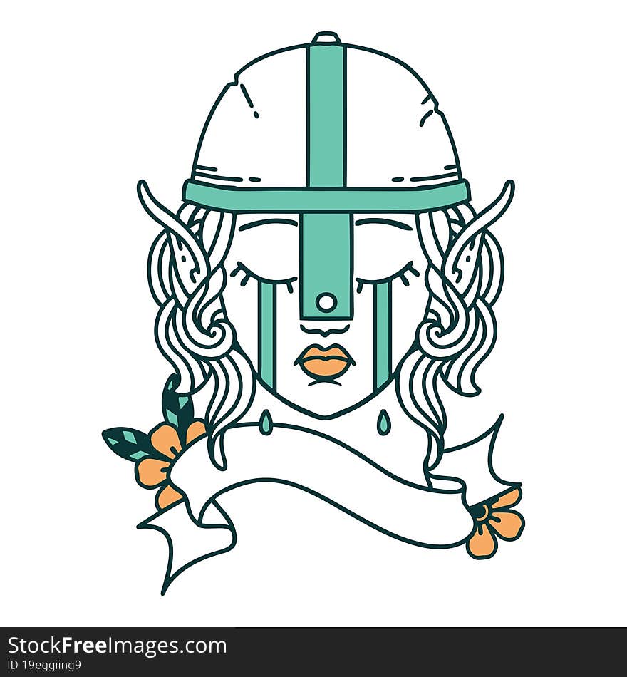 Retro Tattoo Style crying elf fighter character face. Retro Tattoo Style crying elf fighter character face