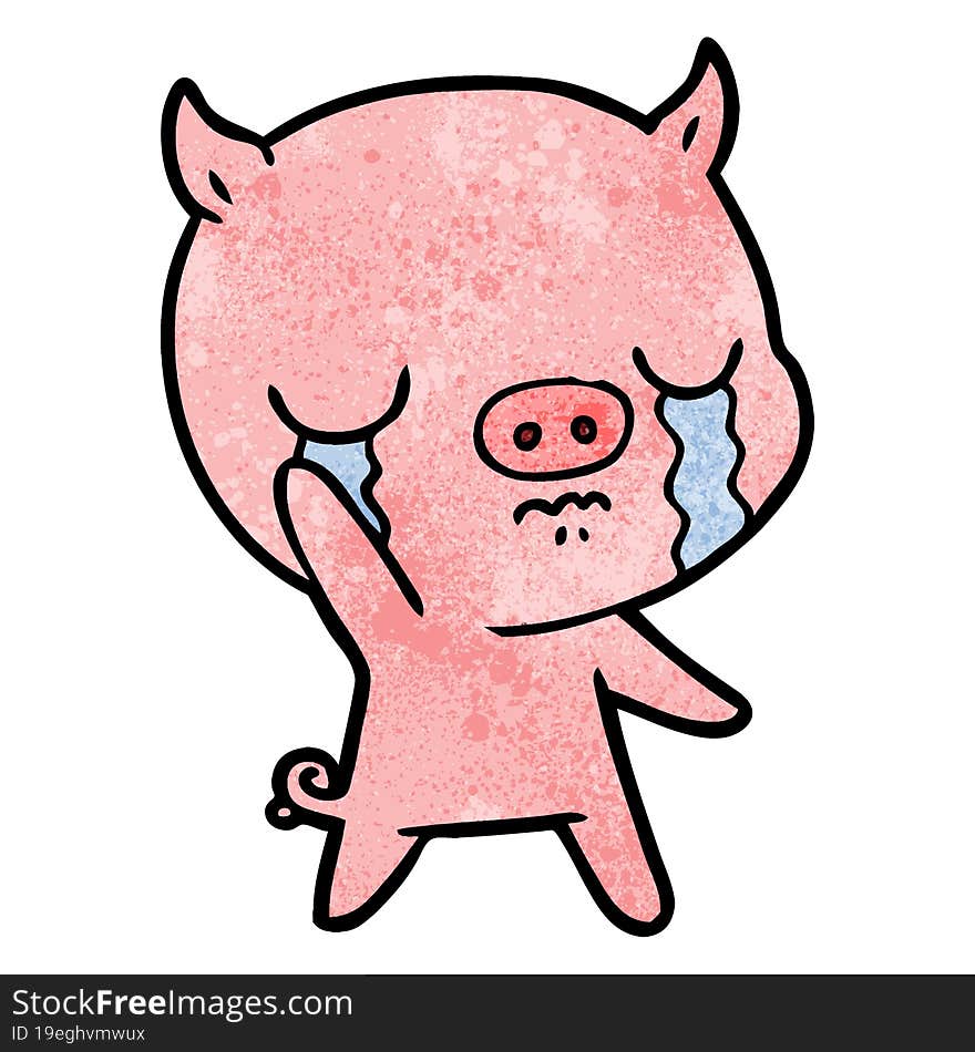 cartoon pig crying waving goodbye. cartoon pig crying waving goodbye