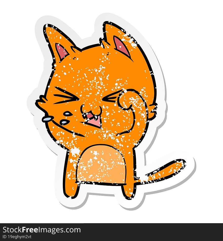 distressed sticker of a cartoon cat hissing