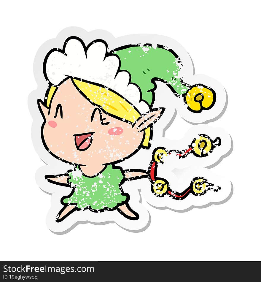 distressed sticker of a cartoon happy christmas elf