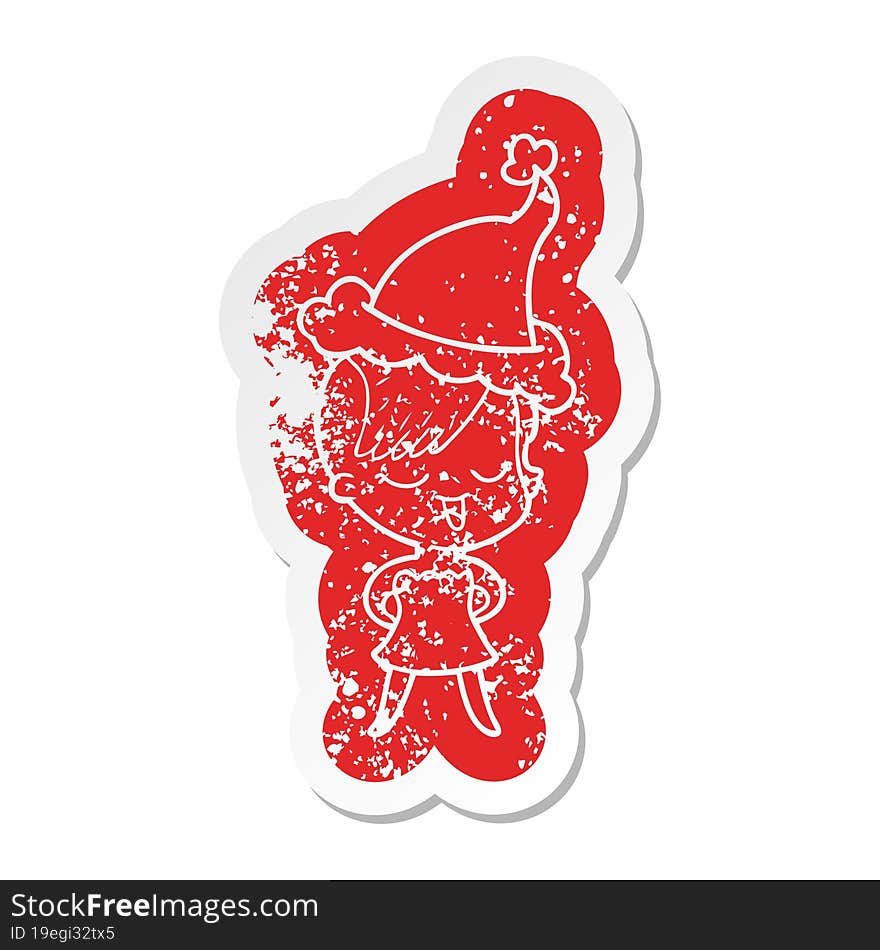 Happy Cartoon Distressed Sticker Of A Girl In Cocktail Dress Wearing Santa Hat