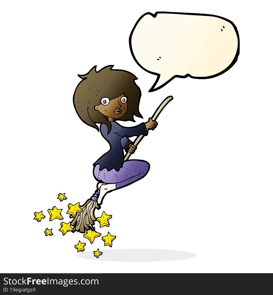 cartoon witch riding broomstick with speech bubble