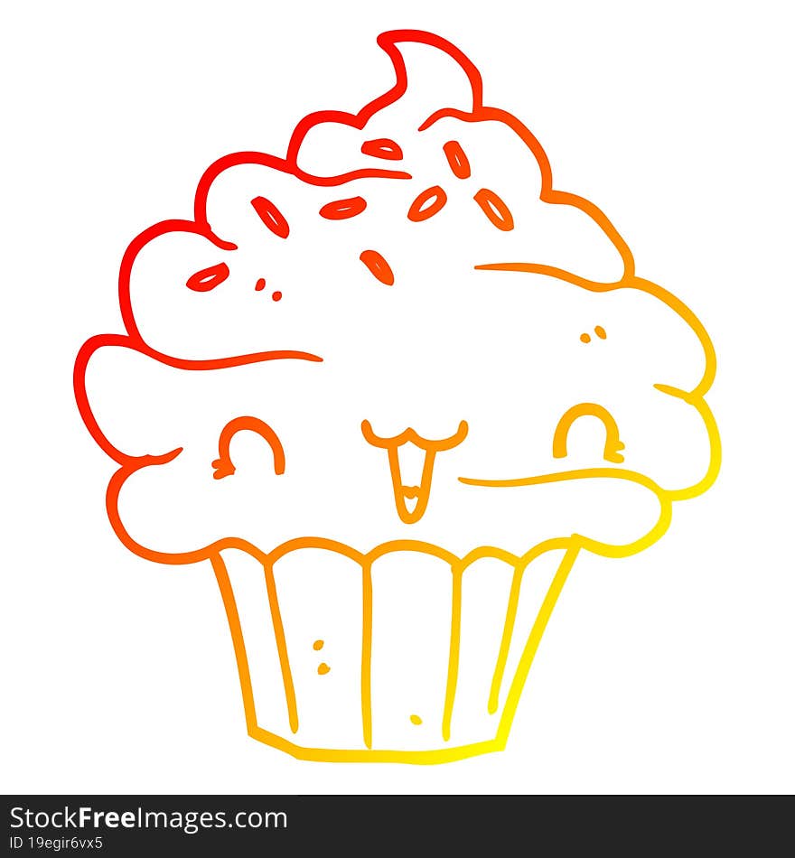 warm gradient line drawing of a cute cartoon frosted cupcake