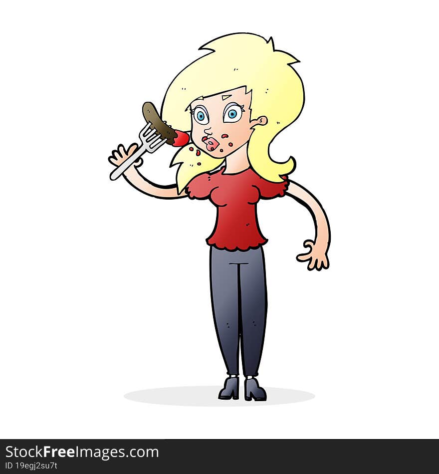 Cartoon Woman Eating Hotdog