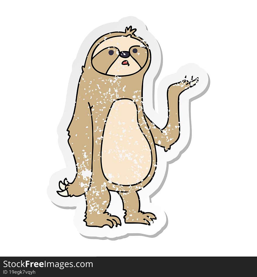 distressed sticker of a quirky hand drawn cartoon sloth