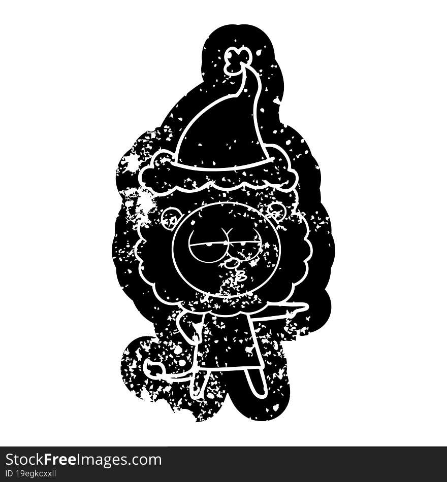 cartoon distressed icon of a bored lion wearing santa hat