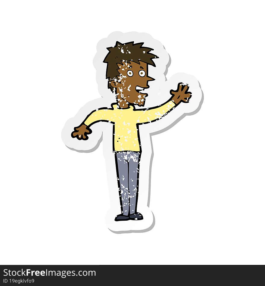 retro distressed sticker of a cartoon happy boy waving