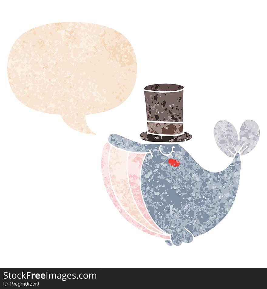 cartoon whale with top hat and speech bubble in retro textured style