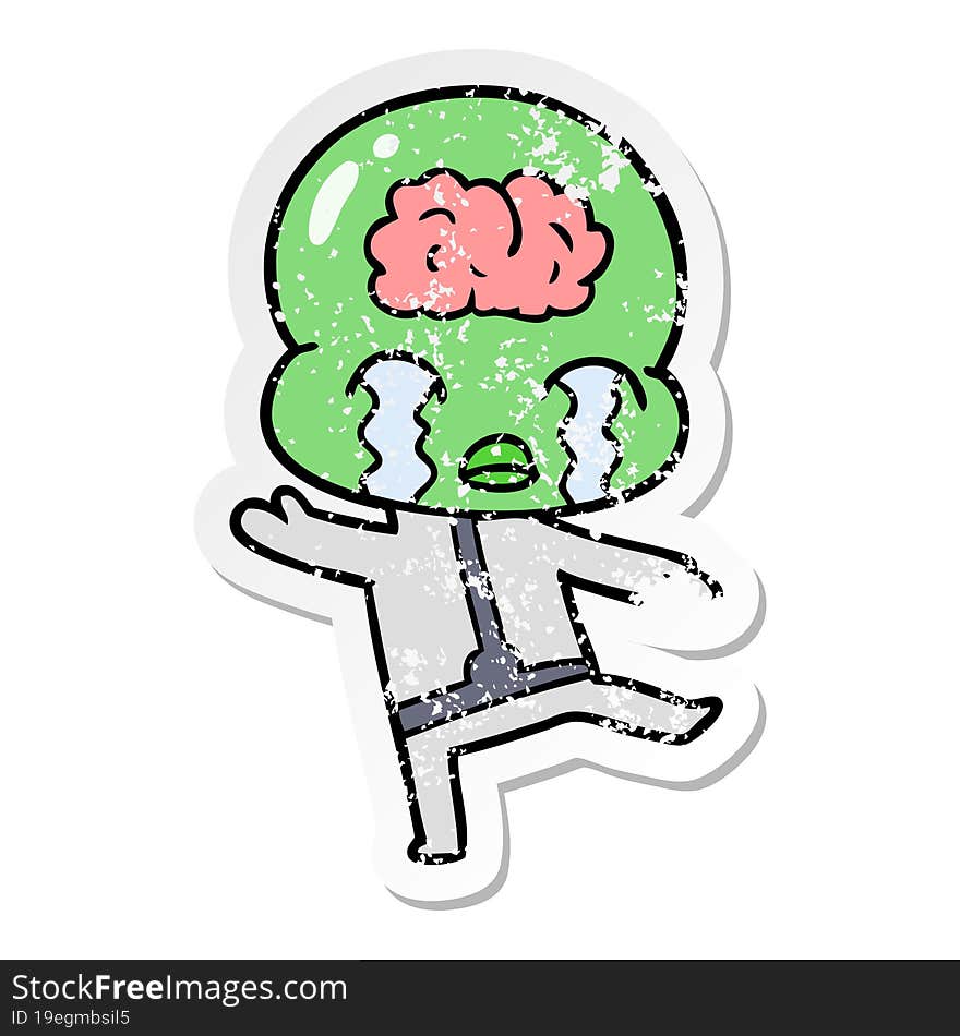 Distressed Sticker Of A Cartoon Big Brain Alien Crying