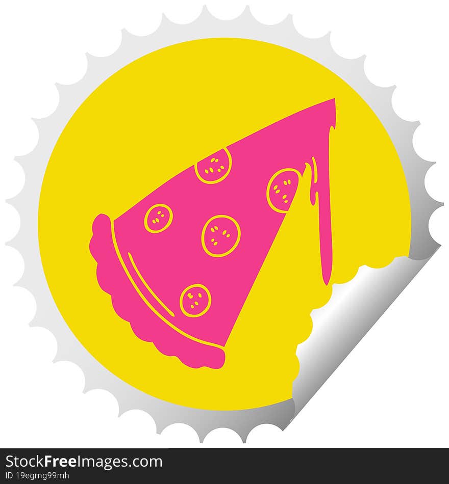 quirky circular peeling sticker cartoon slice of pizza